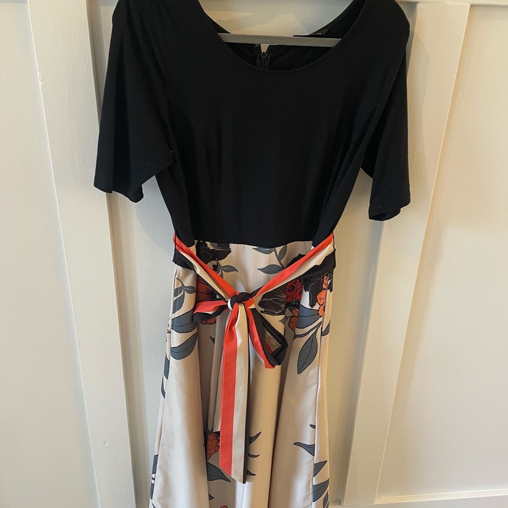eShakti Black and White A-Line Midi Dress for Wedding Guests